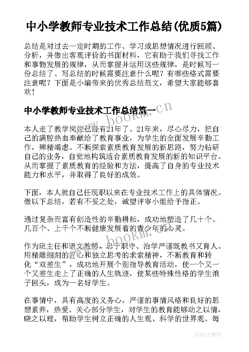 中小学教师专业技术工作总结(优质5篇)