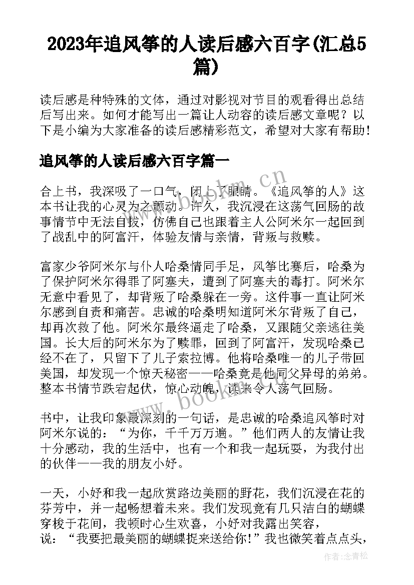 2023年追风筝的人读后感六百字(汇总5篇)