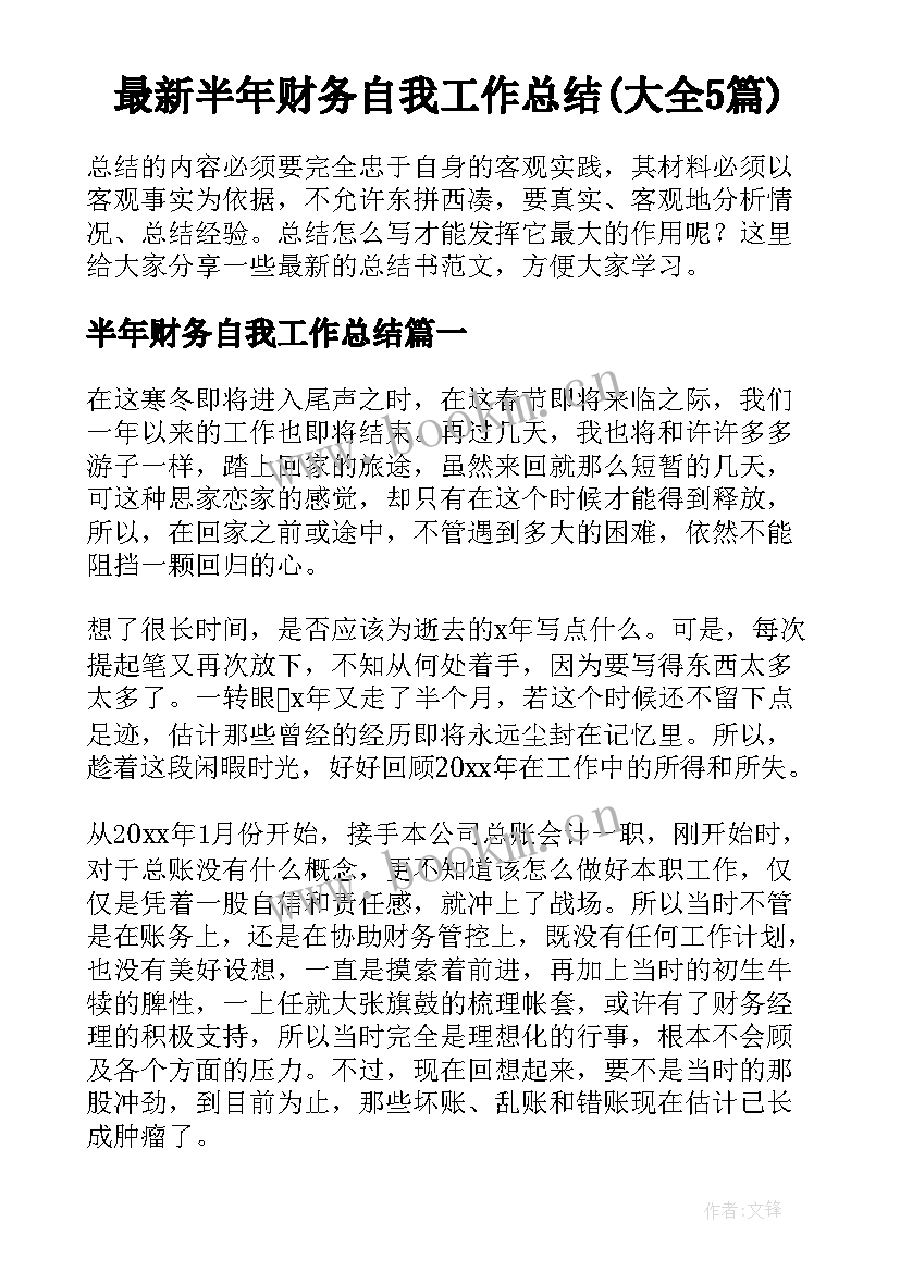 最新半年财务自我工作总结(大全5篇)