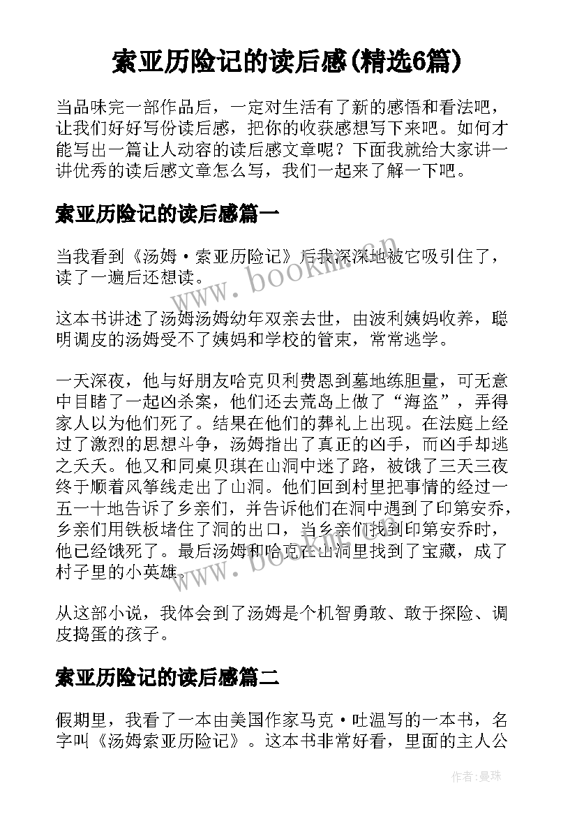 索亚历险记的读后感(精选6篇)