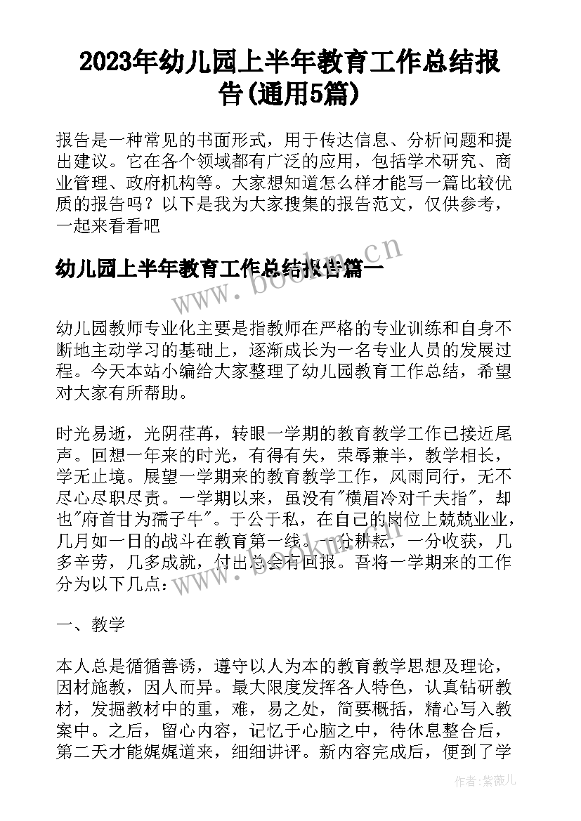 2023年幼儿园上半年教育工作总结报告(通用5篇)