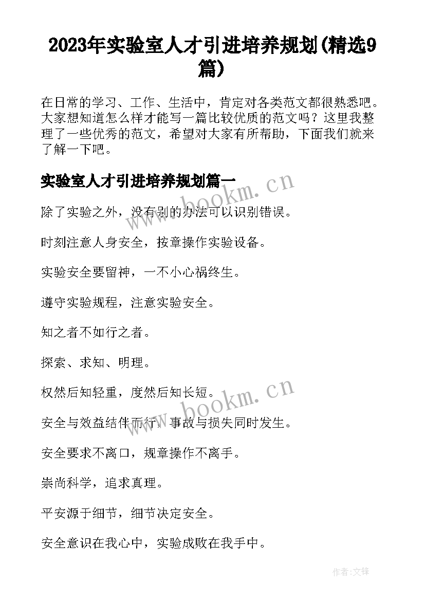 2023年实验室人才引进培养规划(精选9篇)