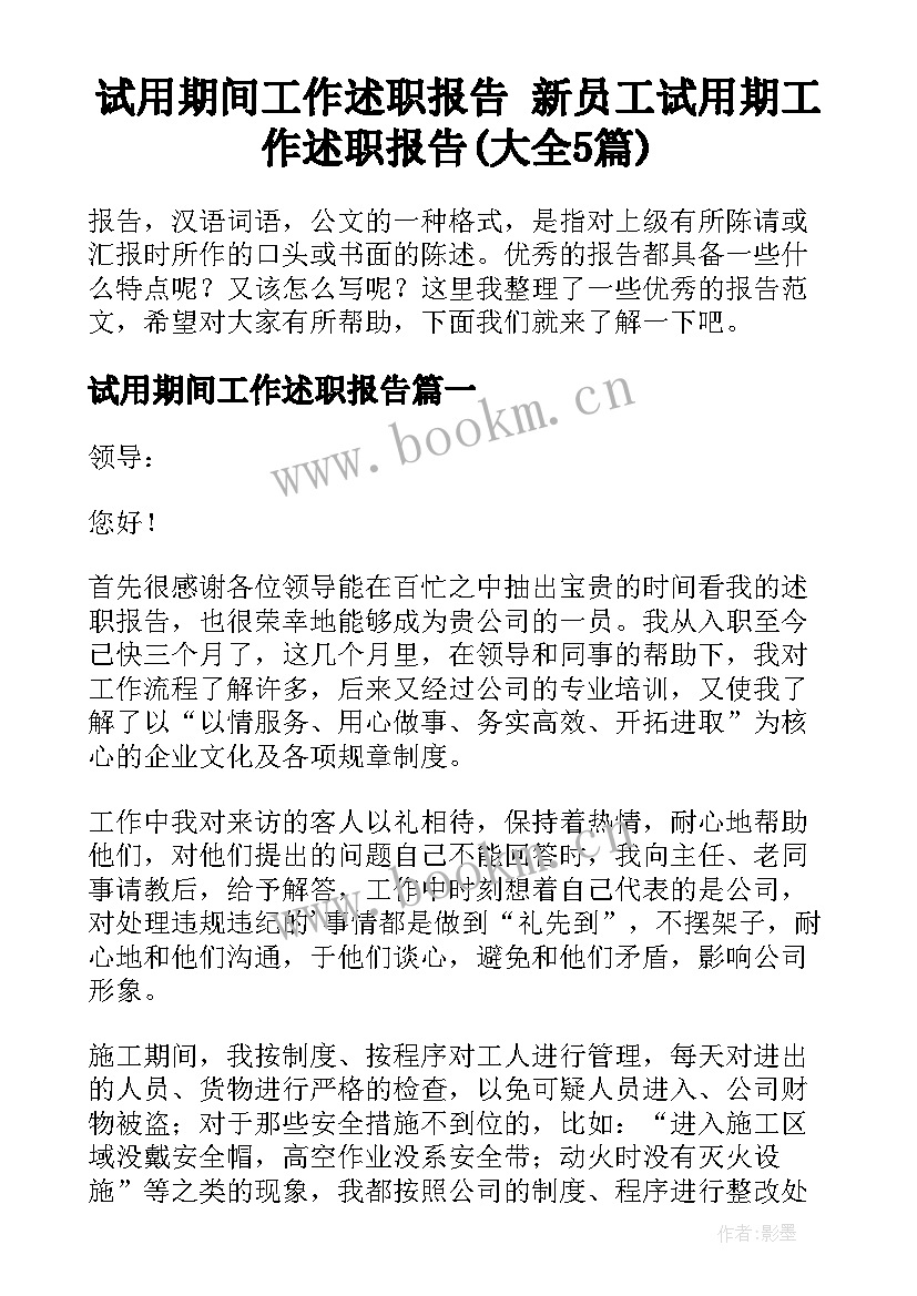 试用期间工作述职报告 新员工试用期工作述职报告(大全5篇)