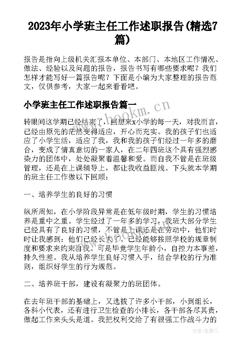 2023年小学班主任工作述职报告(精选7篇)