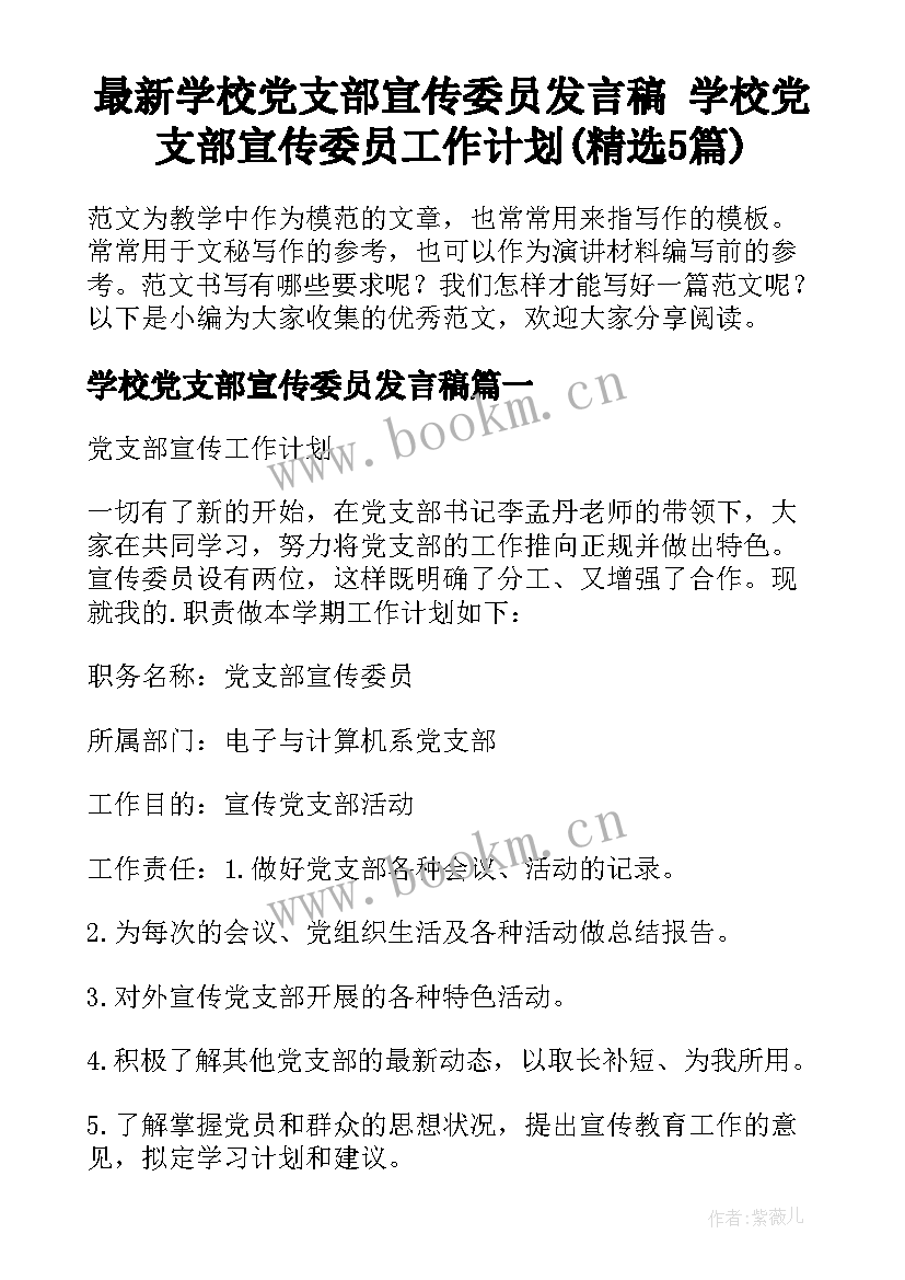 最新学校党支部宣传委员发言稿 学校党支部宣传委员工作计划(精选5篇)