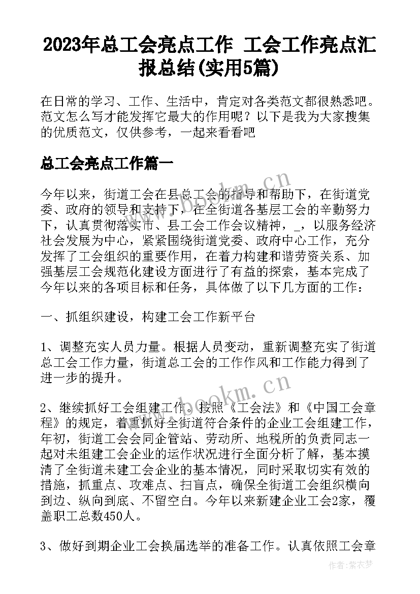 2023年总工会亮点工作 工会工作亮点汇报总结(实用5篇)