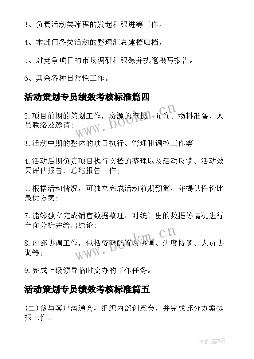 最新活动策划专员绩效考核标准(优秀8篇)