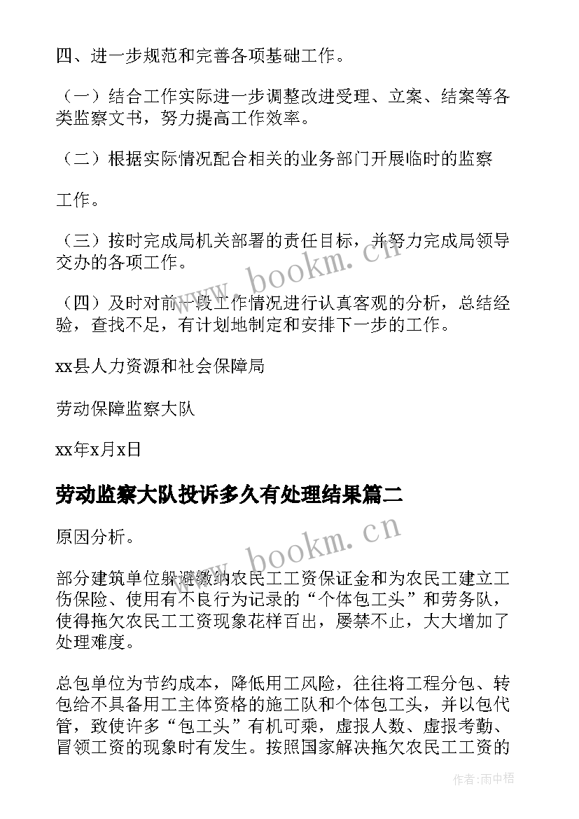 最新劳动监察大队投诉多久有处理结果 劳动监察大队工作计划(汇总5篇)