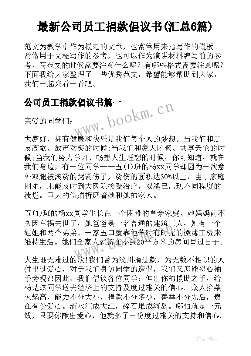 最新公司员工捐款倡议书(汇总6篇)