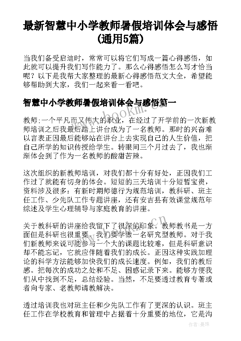 最新智慧中小学教师暑假培训体会与感悟(通用5篇)