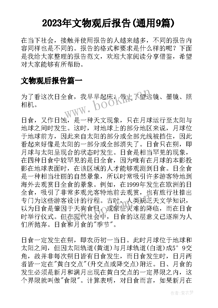 2023年文物观后报告(通用9篇)