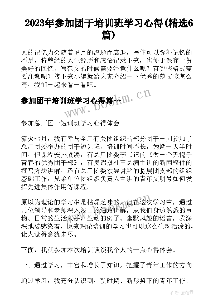 2023年参加团干培训班学习心得(精选6篇)