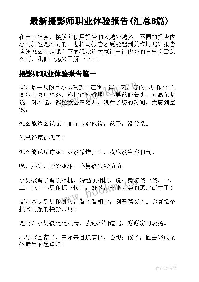 最新摄影师职业体验报告(汇总8篇)