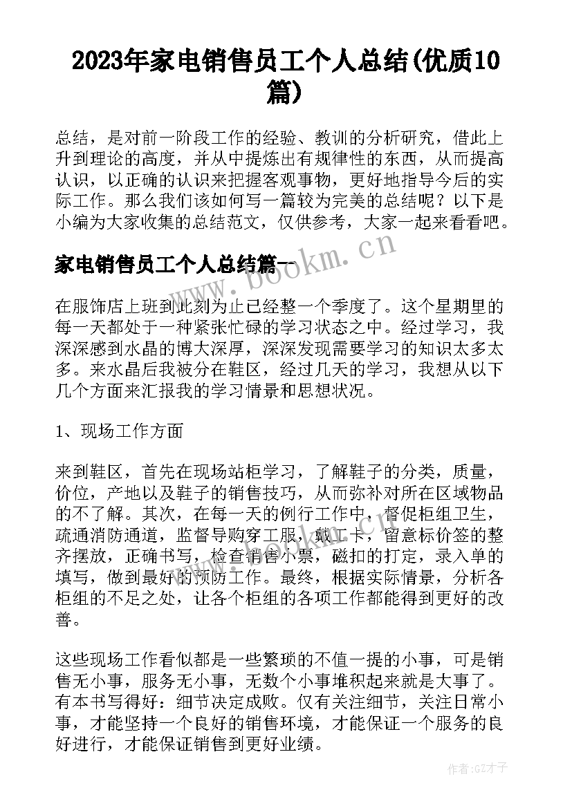 2023年家电销售员工个人总结(优质10篇)