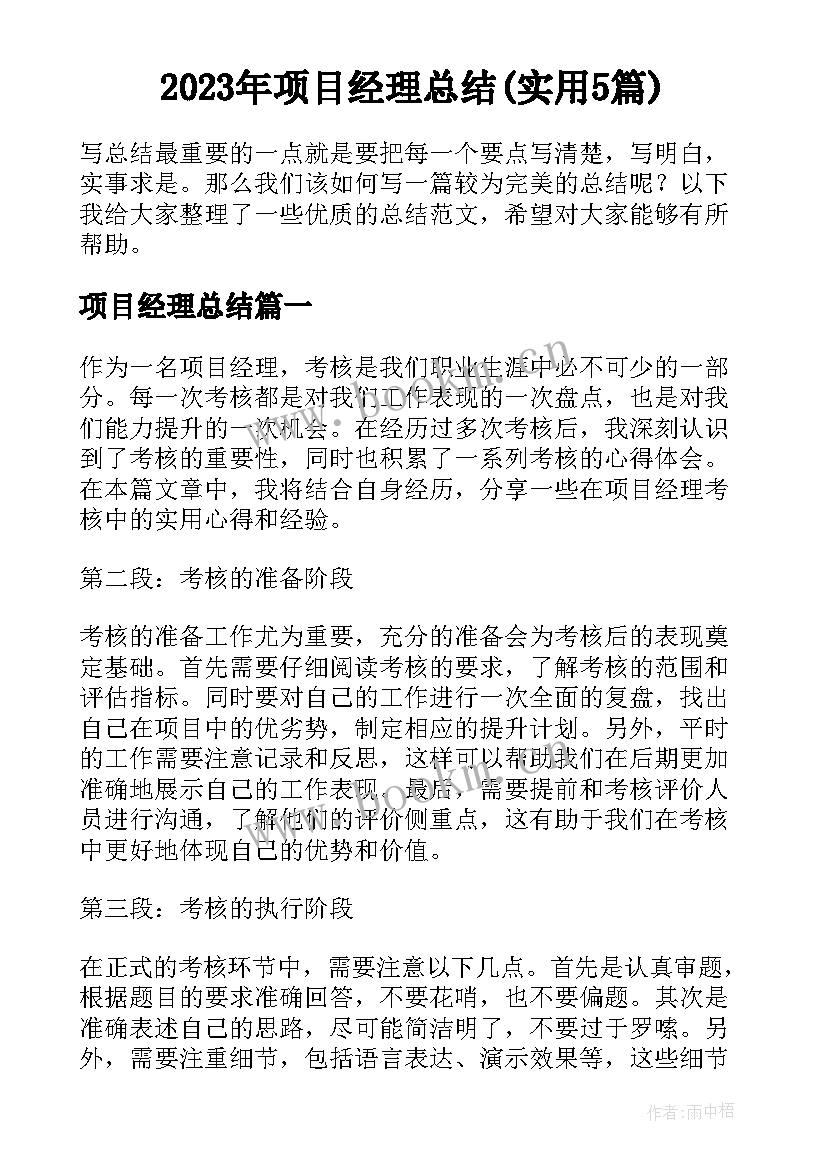 2023年项目经理总结(实用5篇)