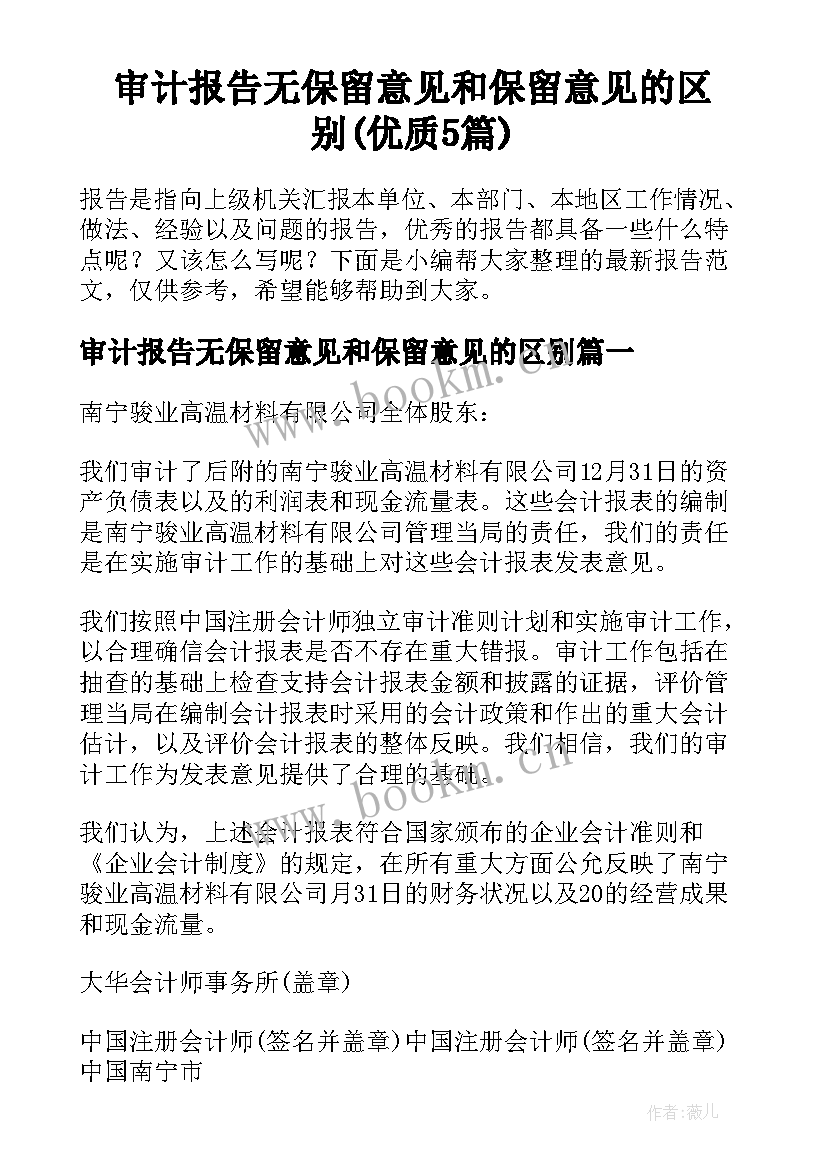 审计报告无保留意见和保留意见的区别(优质5篇)