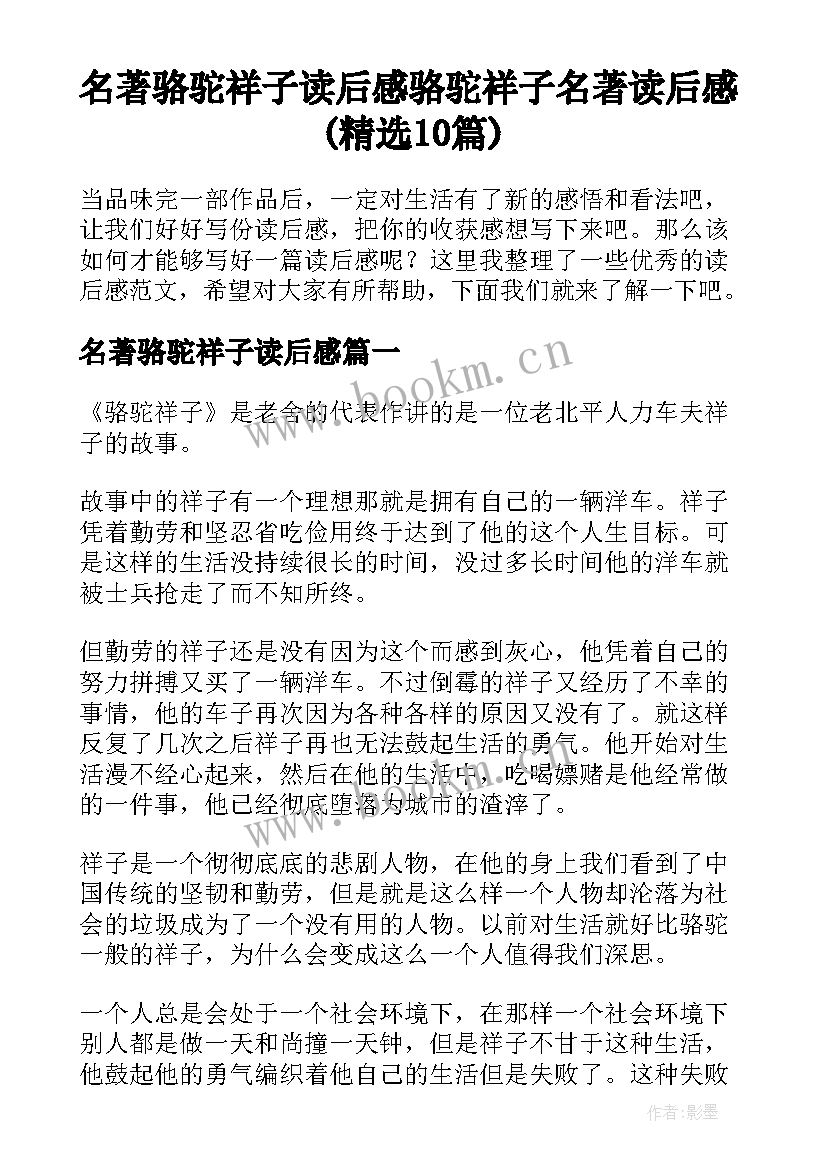 名著骆驼祥子读后感 骆驼祥子名著读后感(精选10篇)