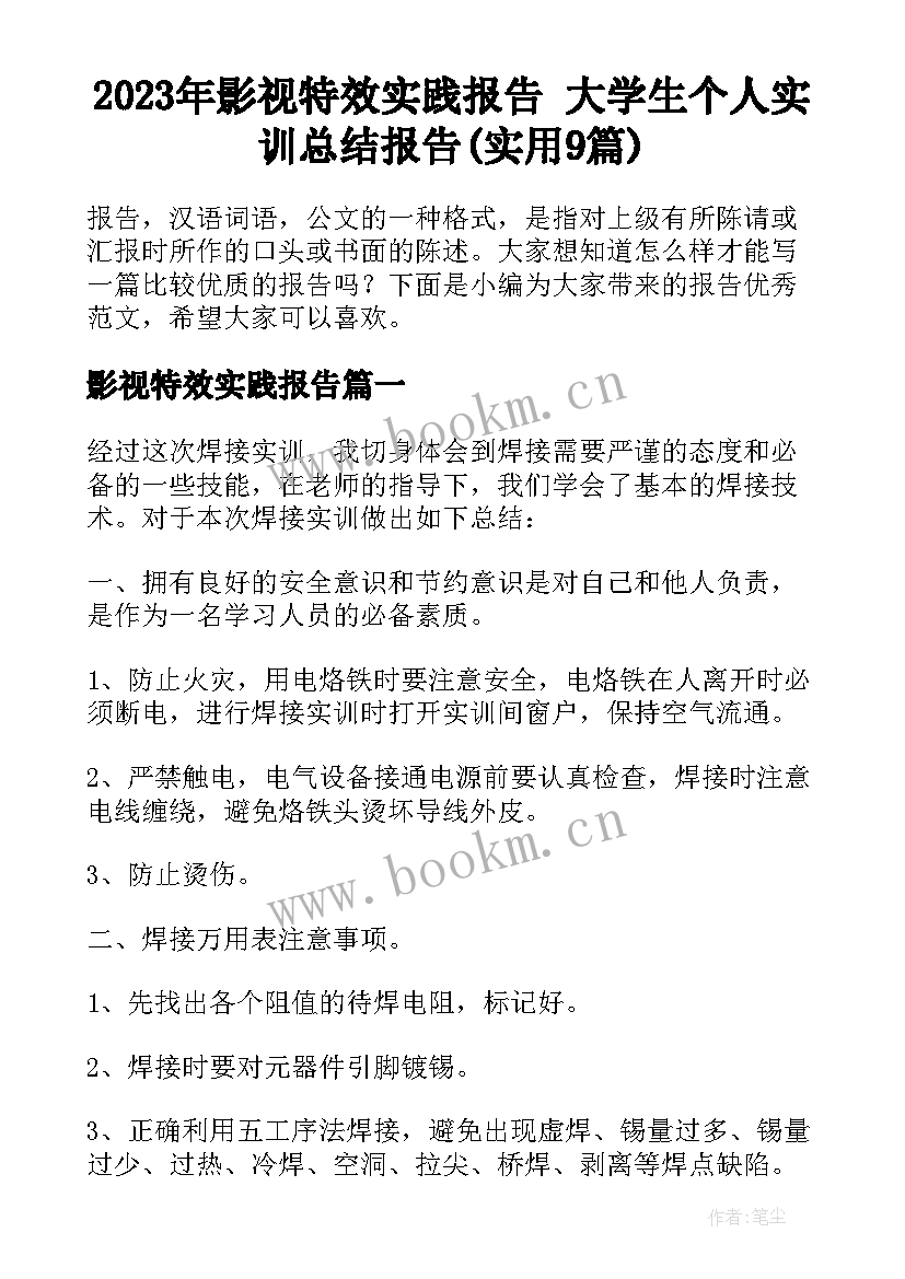 2023年影视特效实践报告 大学生个人实训总结报告(实用9篇)