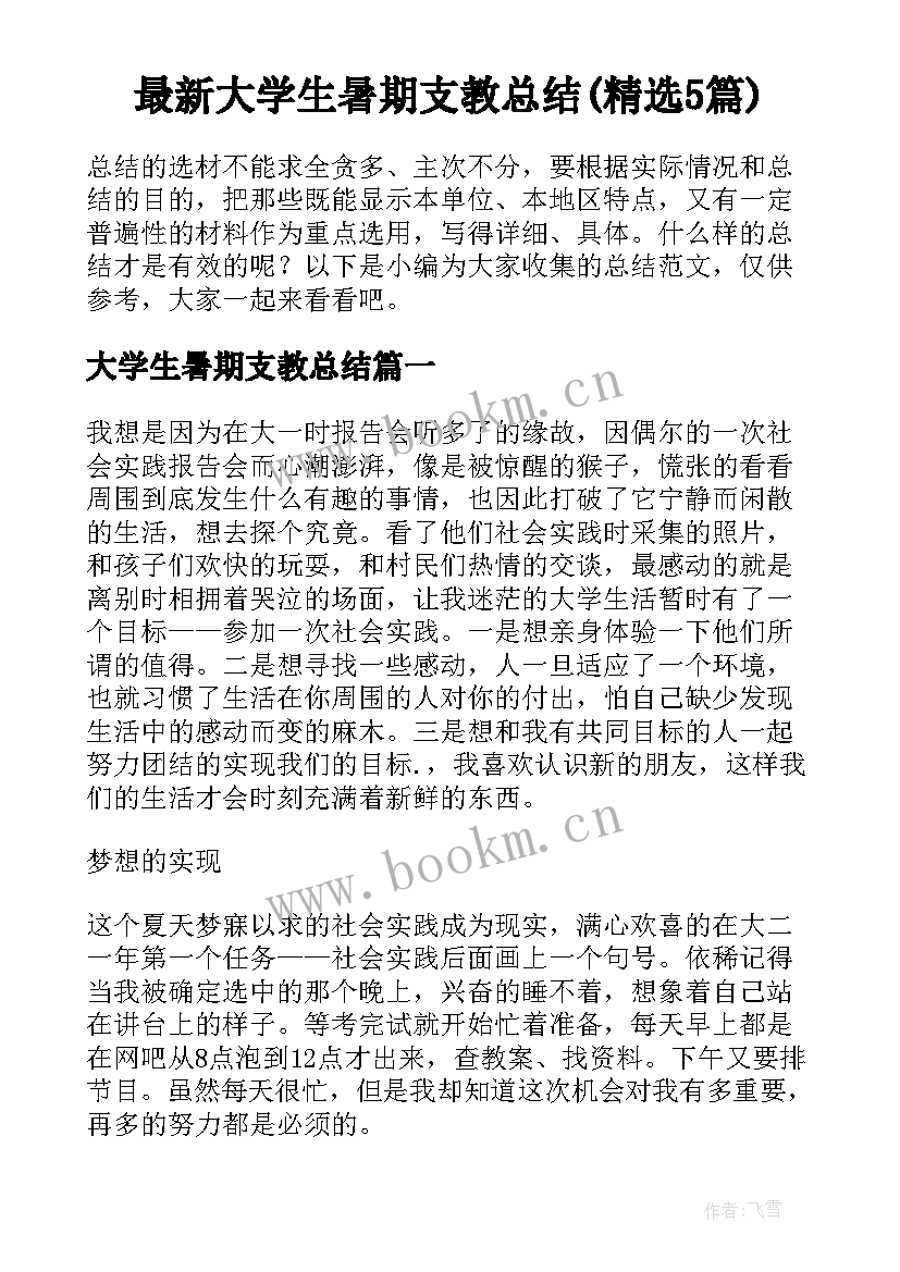 最新大学生暑期支教总结(精选5篇)