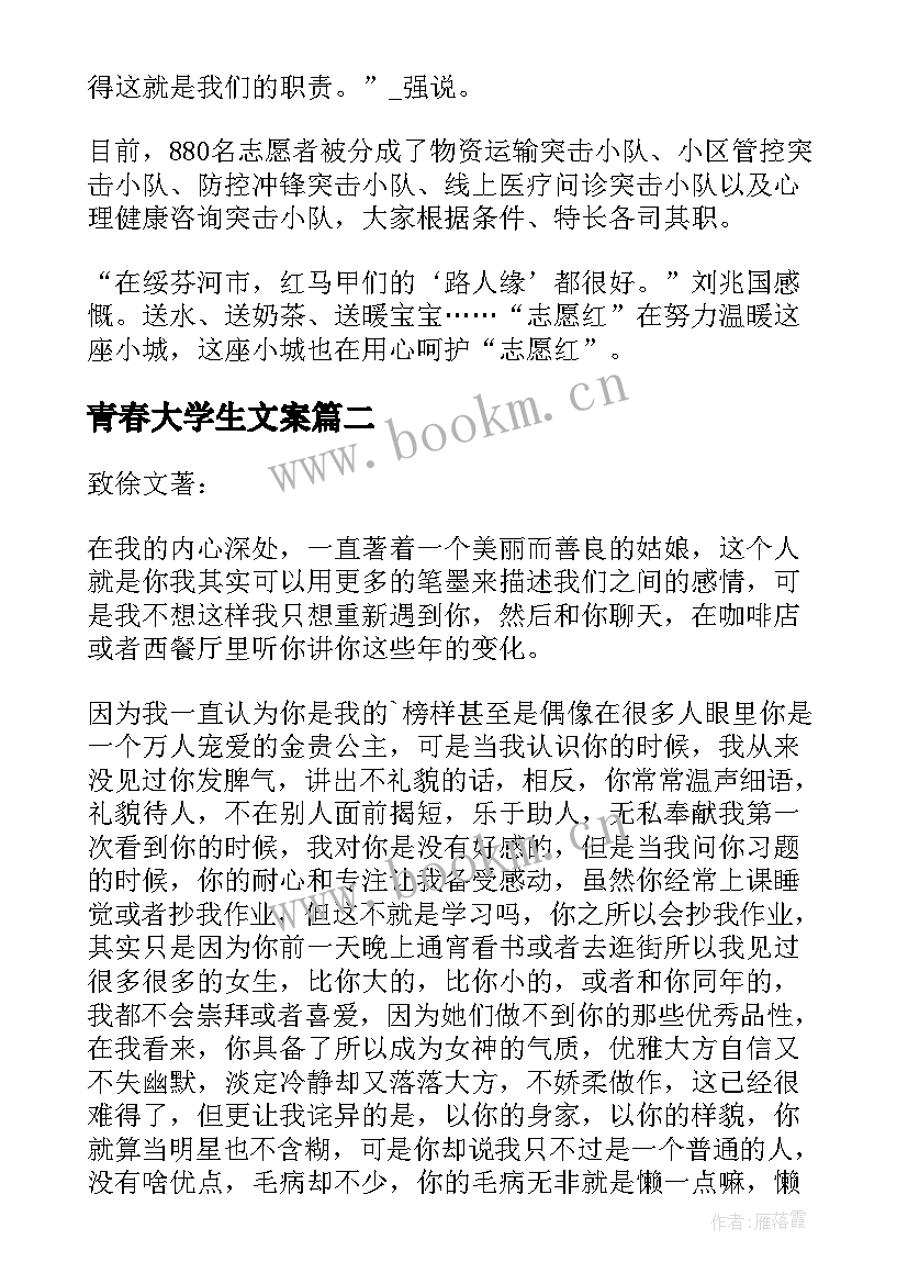 最新青春大学生文案 大学青春演讲稿(大全10篇)