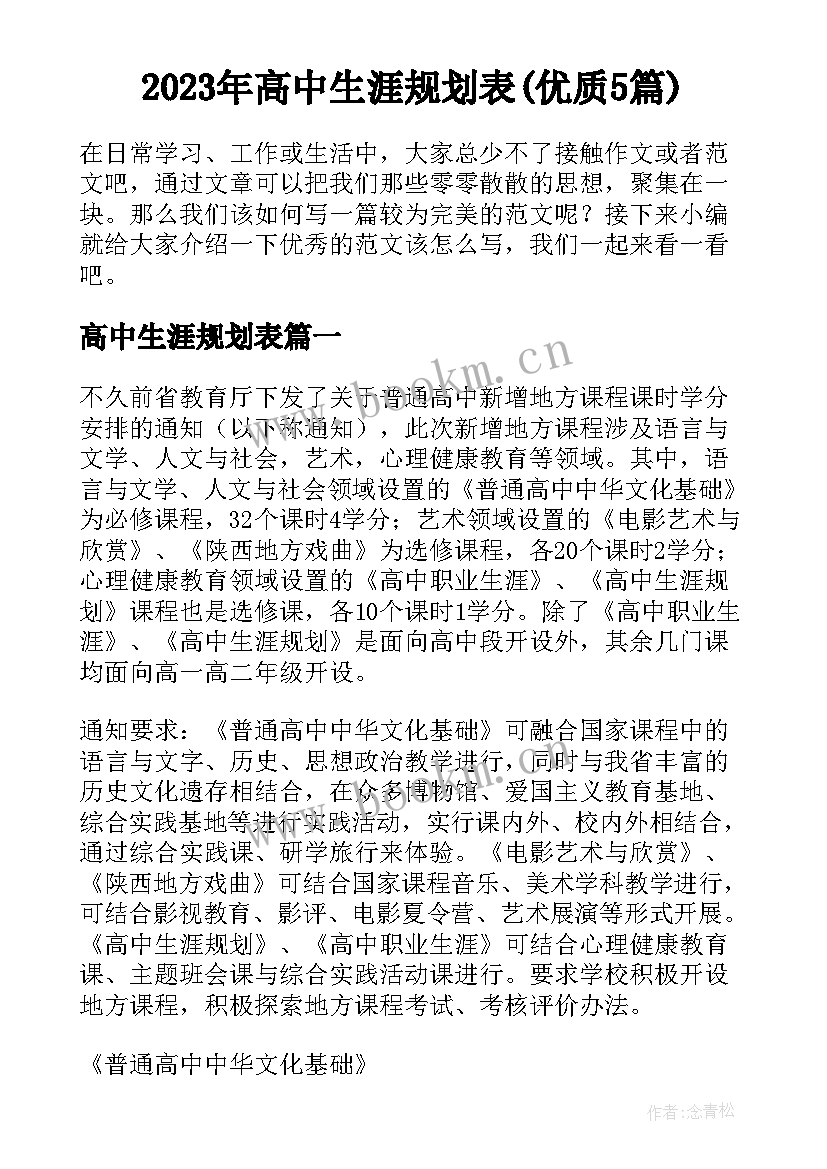 2023年高中生涯规划表(优质5篇)