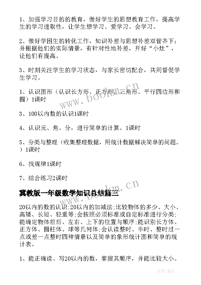 最新冀教版一年级数学知识总结 一年级数学复习计划(大全9篇)