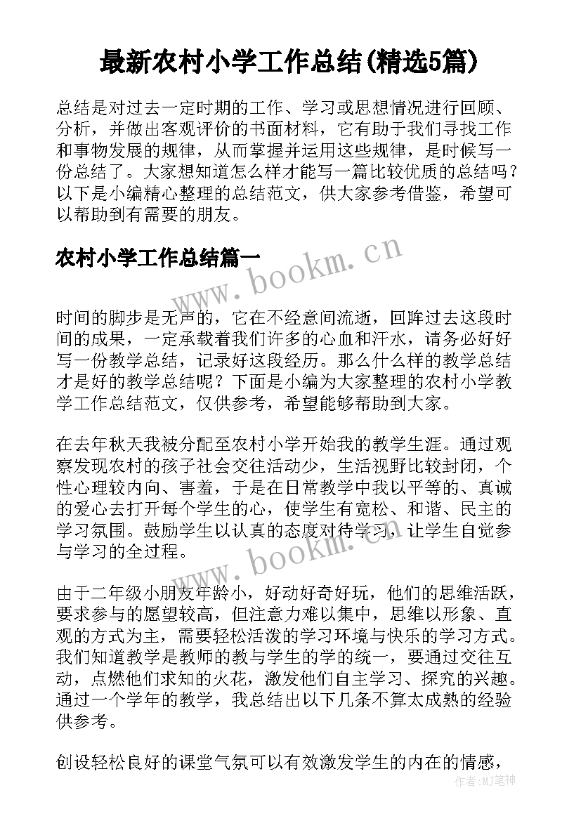 最新农村小学工作总结(精选5篇)