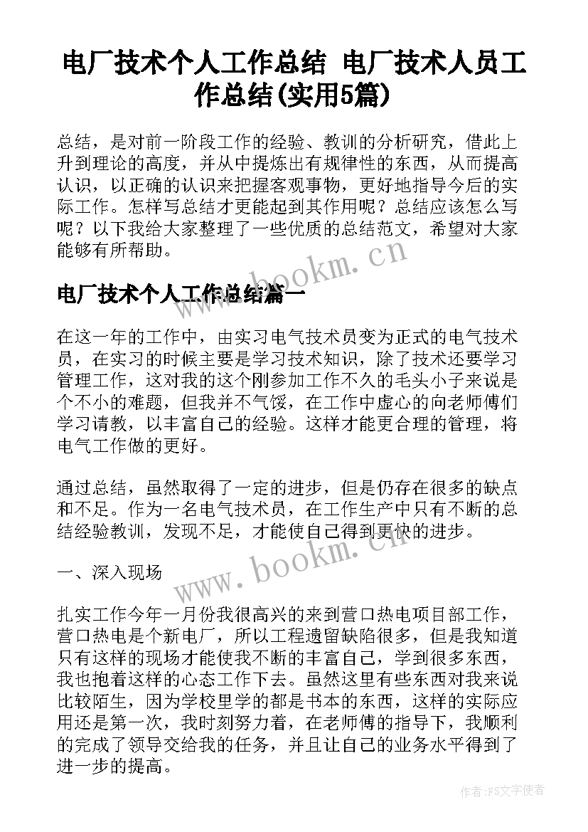 电厂技术个人工作总结 电厂技术人员工作总结(实用5篇)