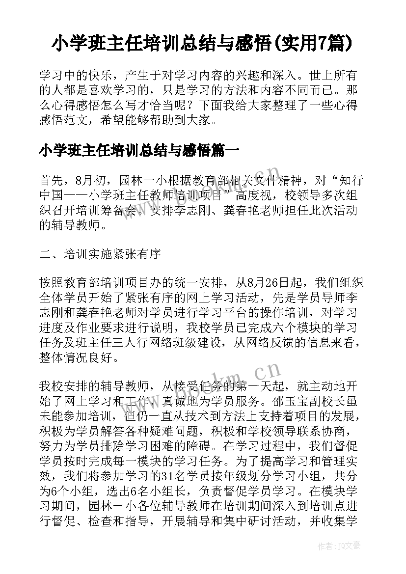 小学班主任培训总结与感悟(实用7篇)