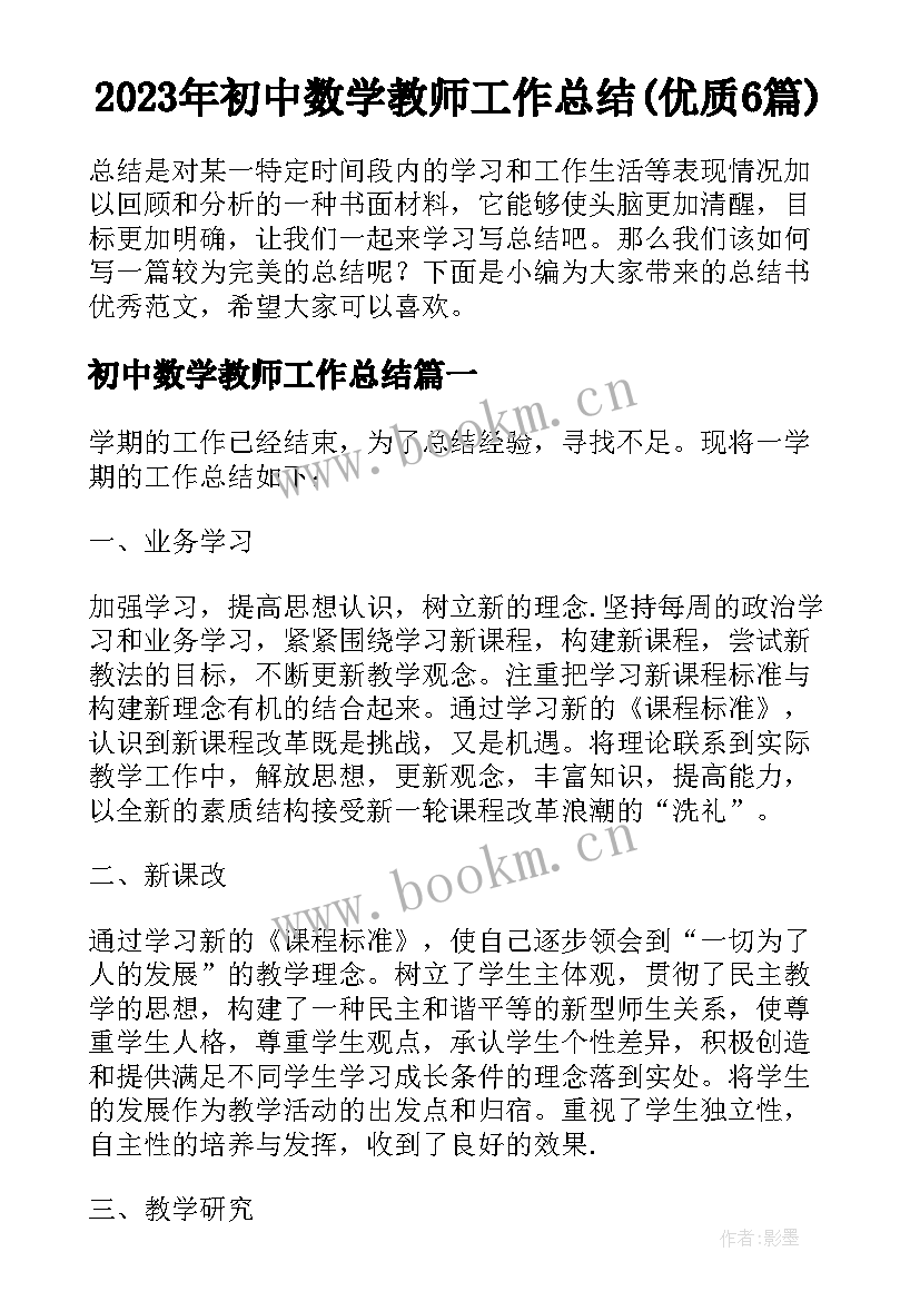 2023年初中数学教师工作总结(优质6篇)