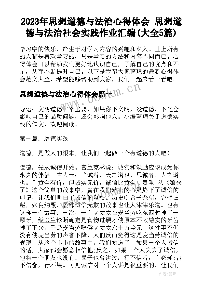 2023年思想道德与法治心得体会 思想道德与法治社会实践作业汇编(大全5篇)