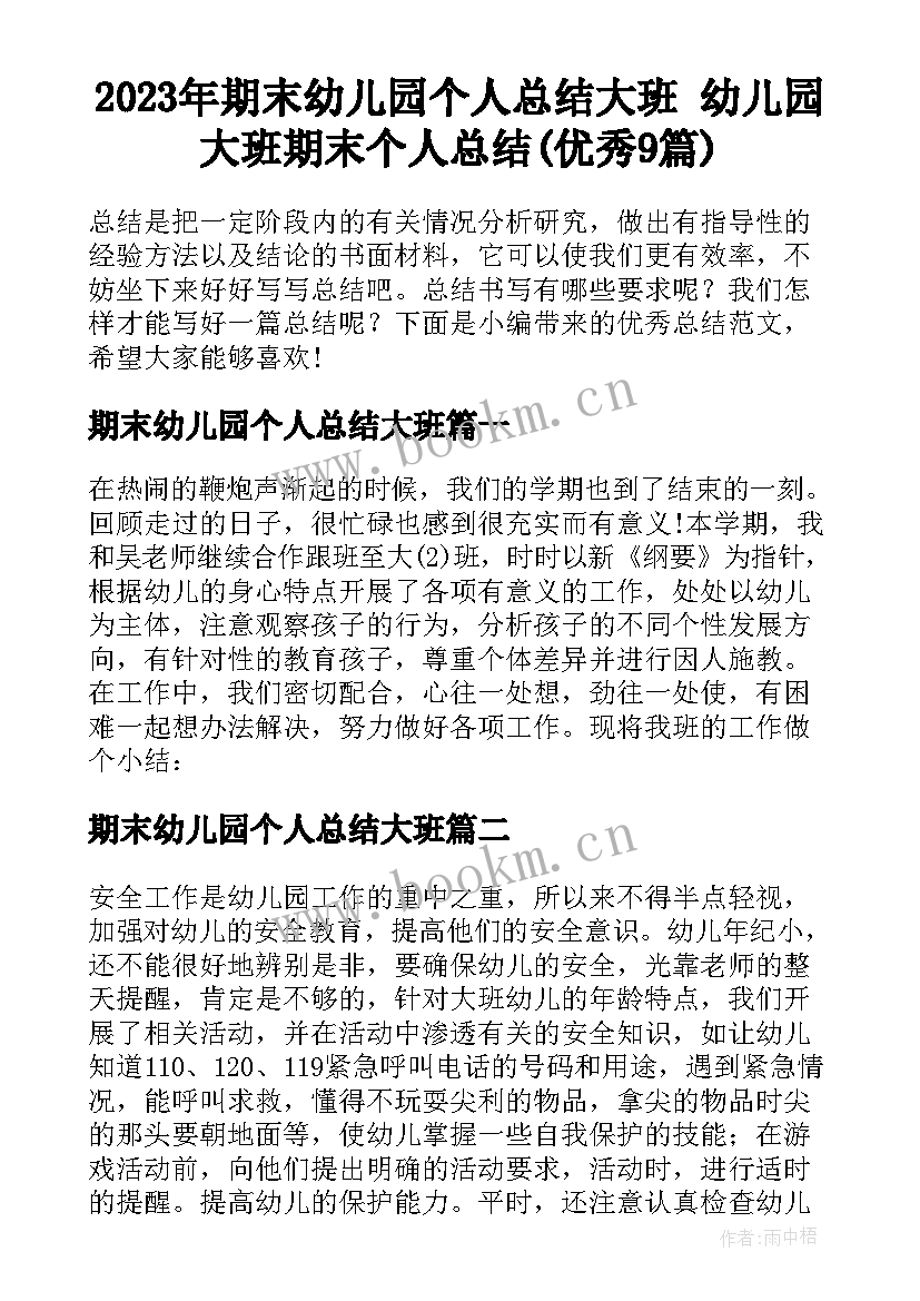 2023年期末幼儿园个人总结大班 幼儿园大班期末个人总结(优秀9篇)