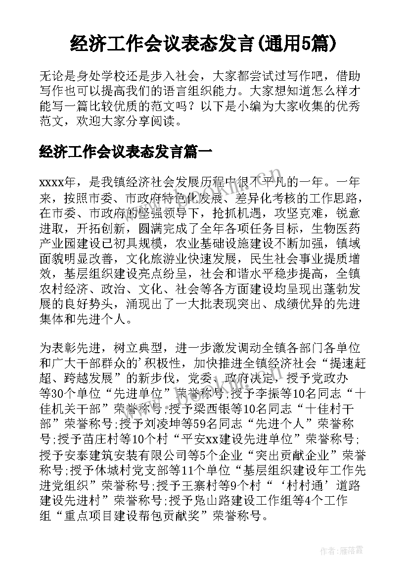 经济工作会议表态发言(通用5篇)