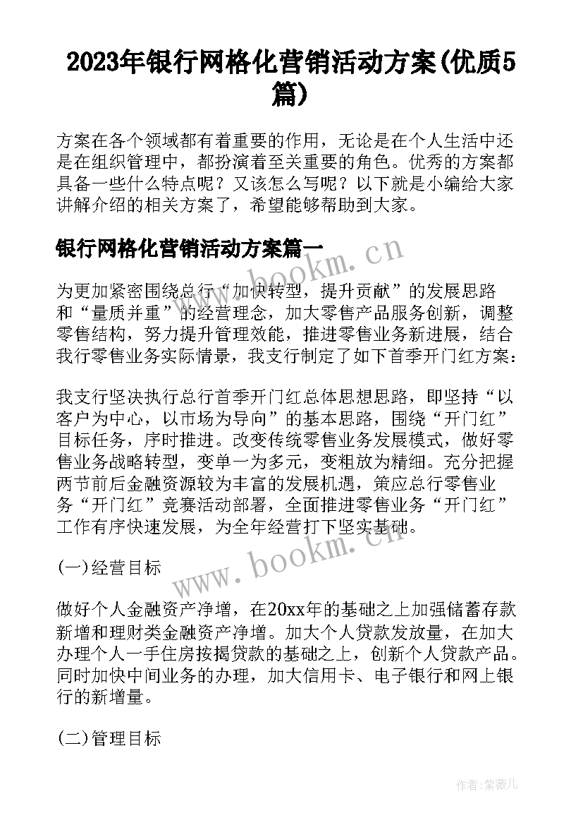 2023年银行网格化营销活动方案(优质5篇)