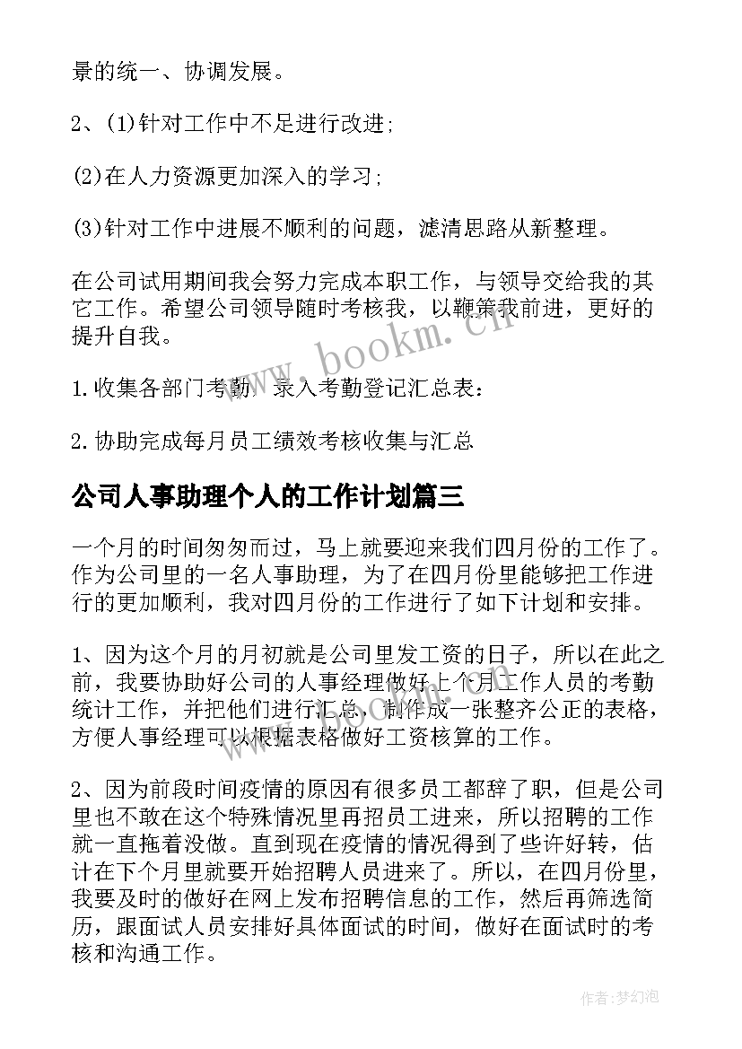 最新公司人事助理个人的工作计划(优秀5篇)