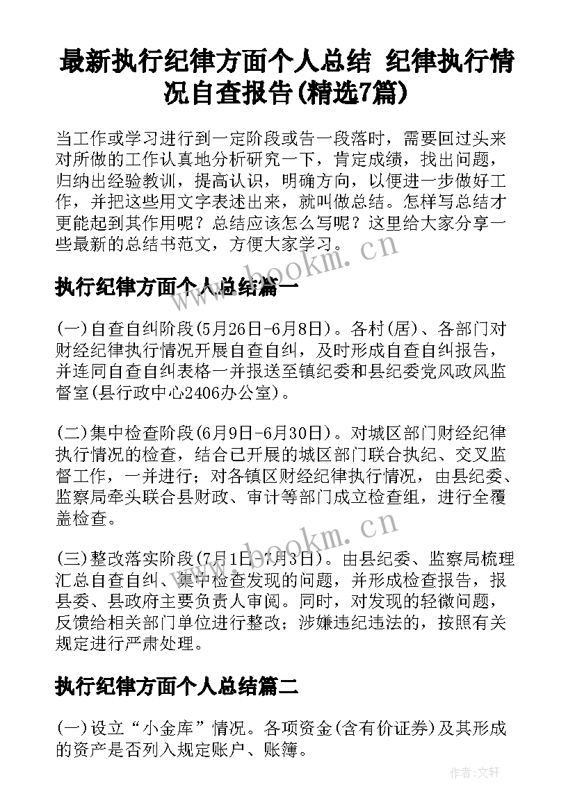 最新执行纪律方面个人总结 纪律执行情况自查报告(精选7篇)