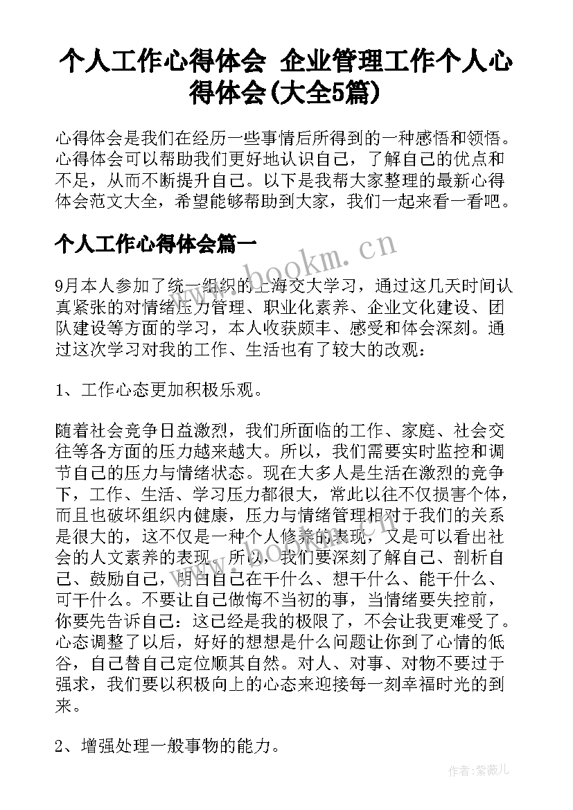 个人工作心得体会 企业管理工作个人心得体会(大全5篇)