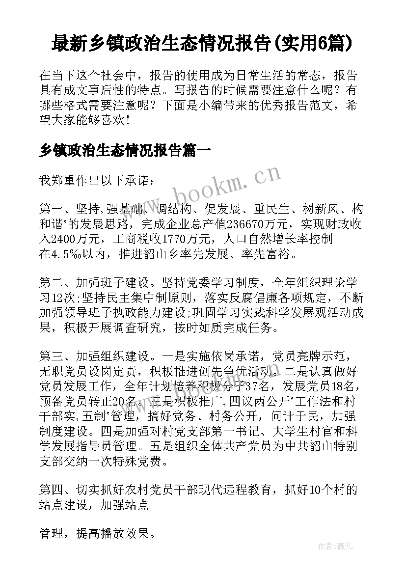 最新乡镇政治生态情况报告(实用6篇)