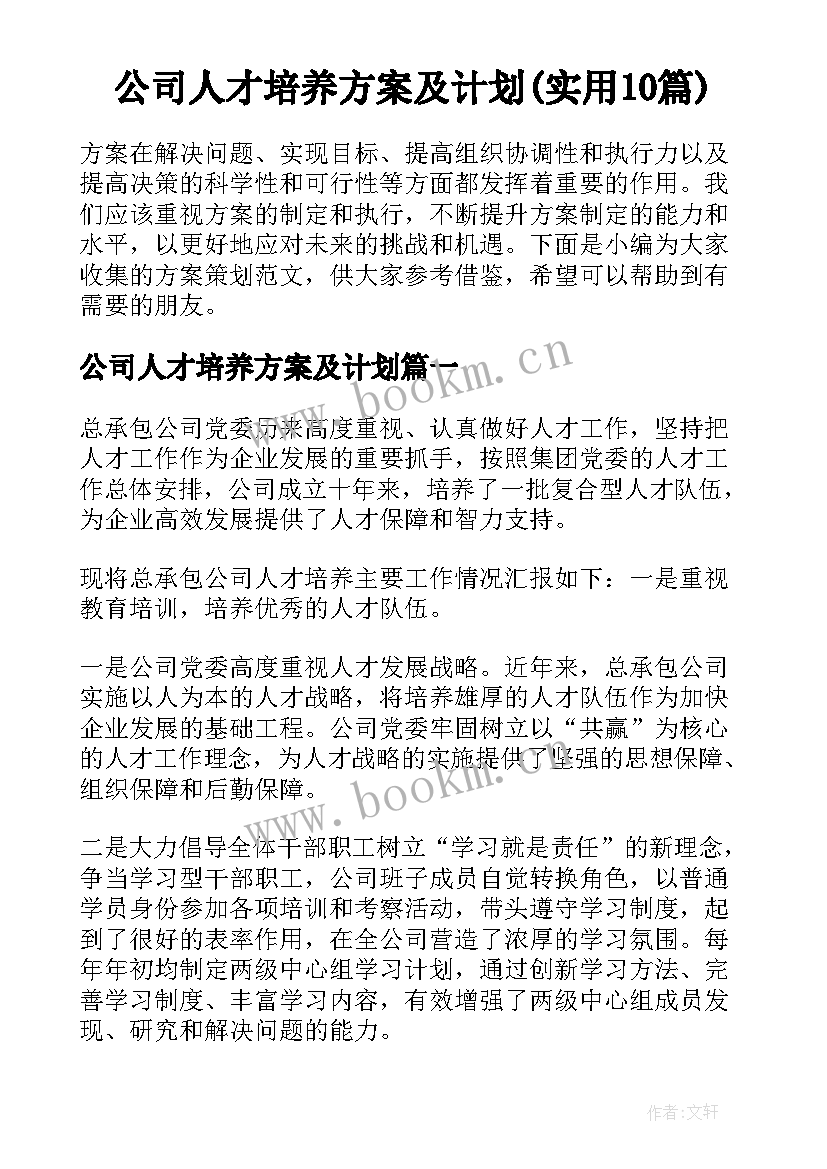 公司人才培养方案及计划(实用10篇)