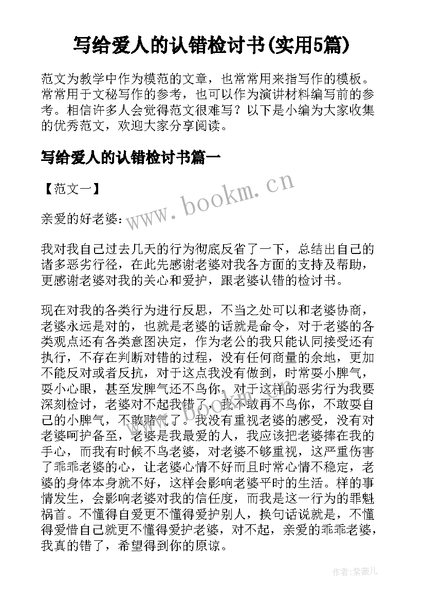 写给爱人的认错检讨书(实用5篇)