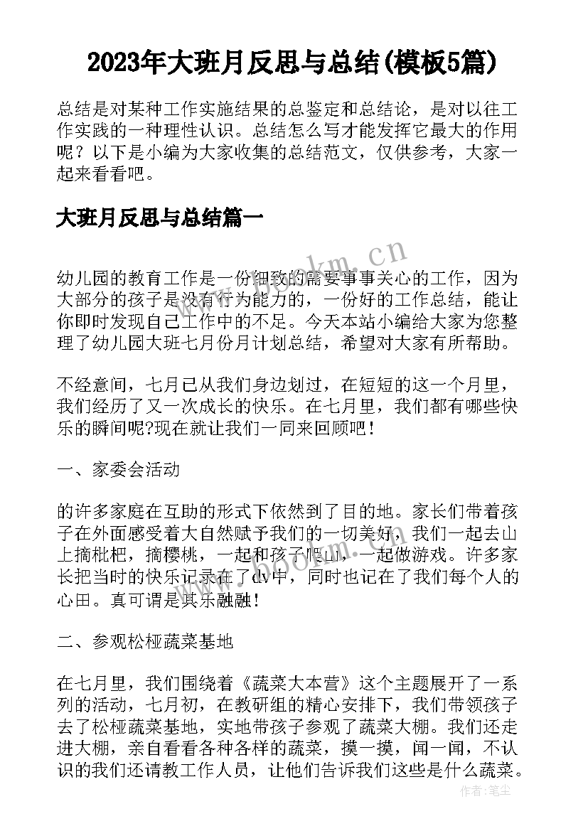 2023年大班月反思与总结(模板5篇)