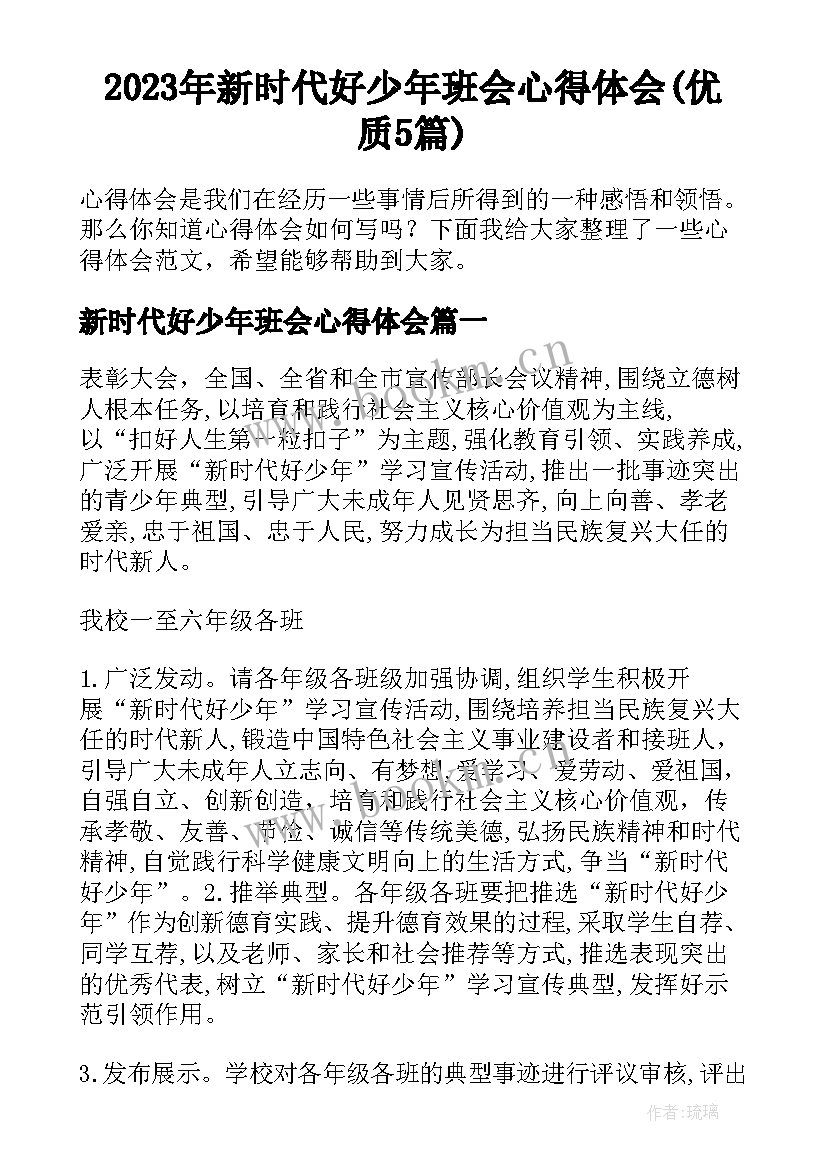 2023年新时代好少年班会心得体会(优质5篇)