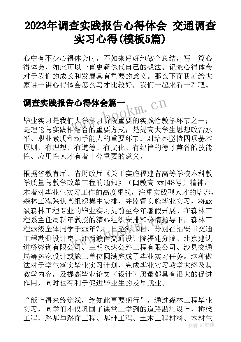 2023年调查实践报告心得体会 交通调查实习心得(模板5篇)