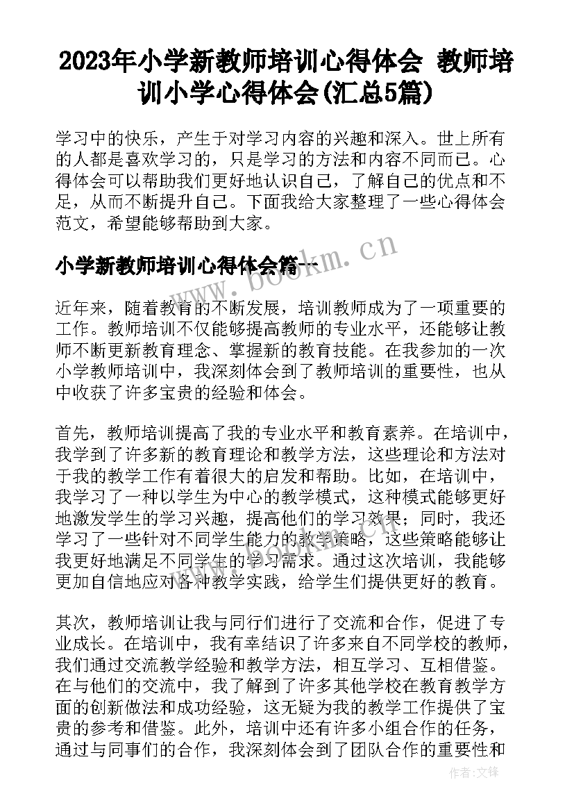 2023年小学新教师培训心得体会 教师培训小学心得体会(汇总5篇)