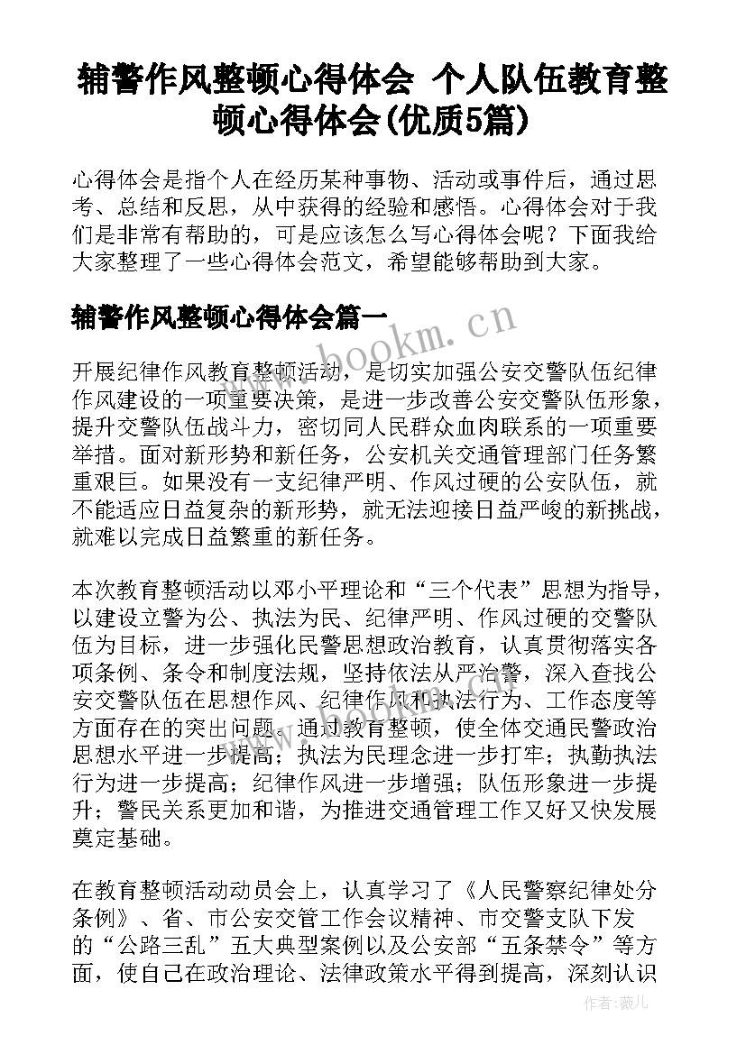 辅警作风整顿心得体会 个人队伍教育整顿心得体会(优质5篇)