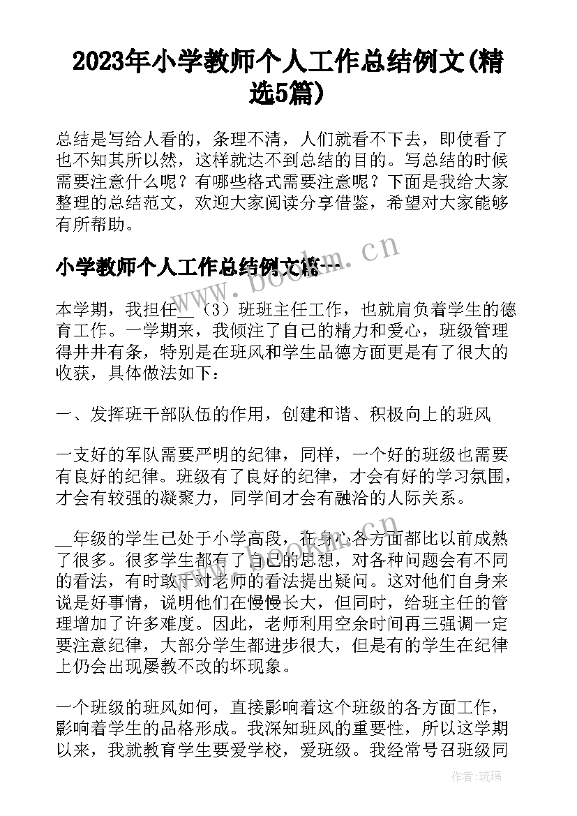 2023年小学教师个人工作总结例文(精选5篇)