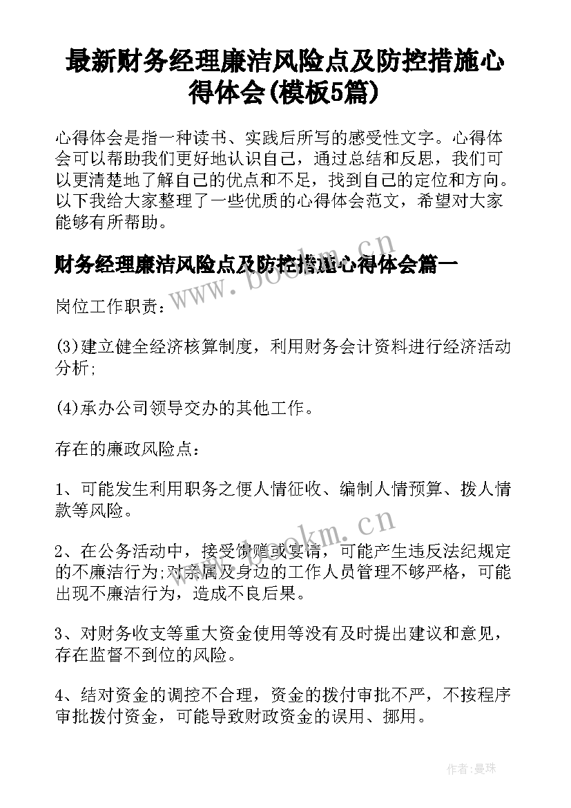 最新财务经理廉洁风险点及防控措施心得体会(模板5篇)