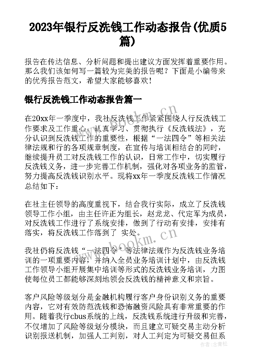 2023年银行反洗钱工作动态报告(优质5篇)