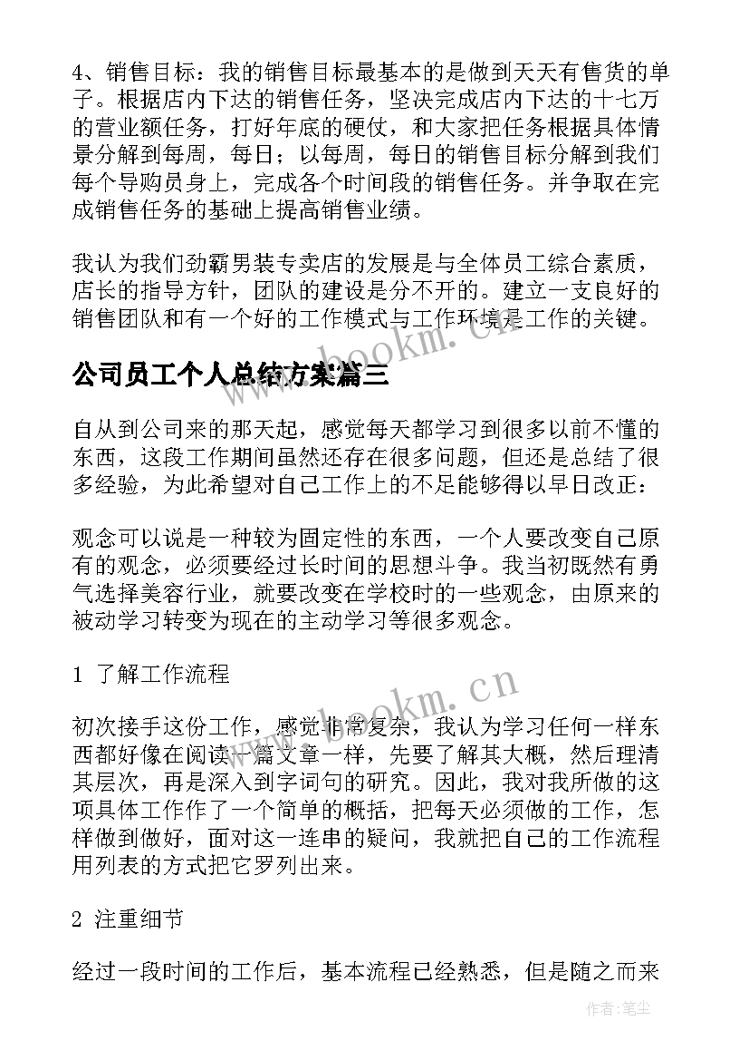 最新公司员工个人总结方案(模板7篇)