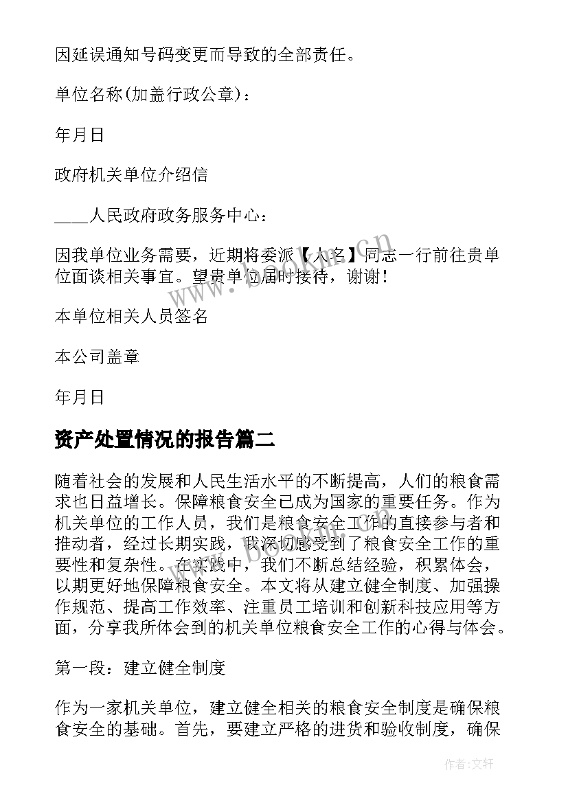 资产处置情况的报告(模板10篇)